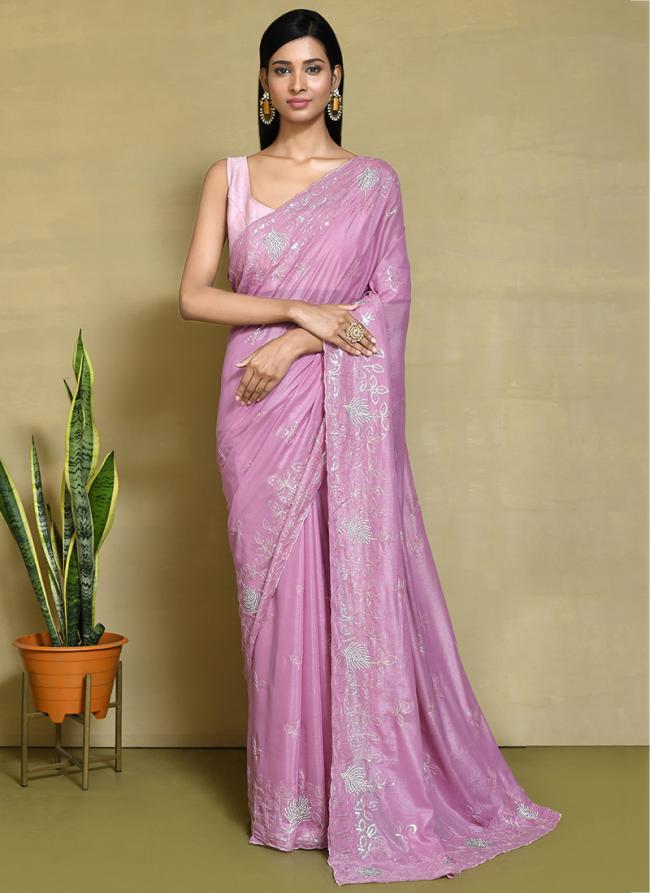 Crepe Silk Pink Wedding Wear Embroidery Work Saree